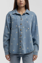 Chemise jeans broderie fleur C-FLOWER ML FRIPP/INDIGO CLAIR - 1