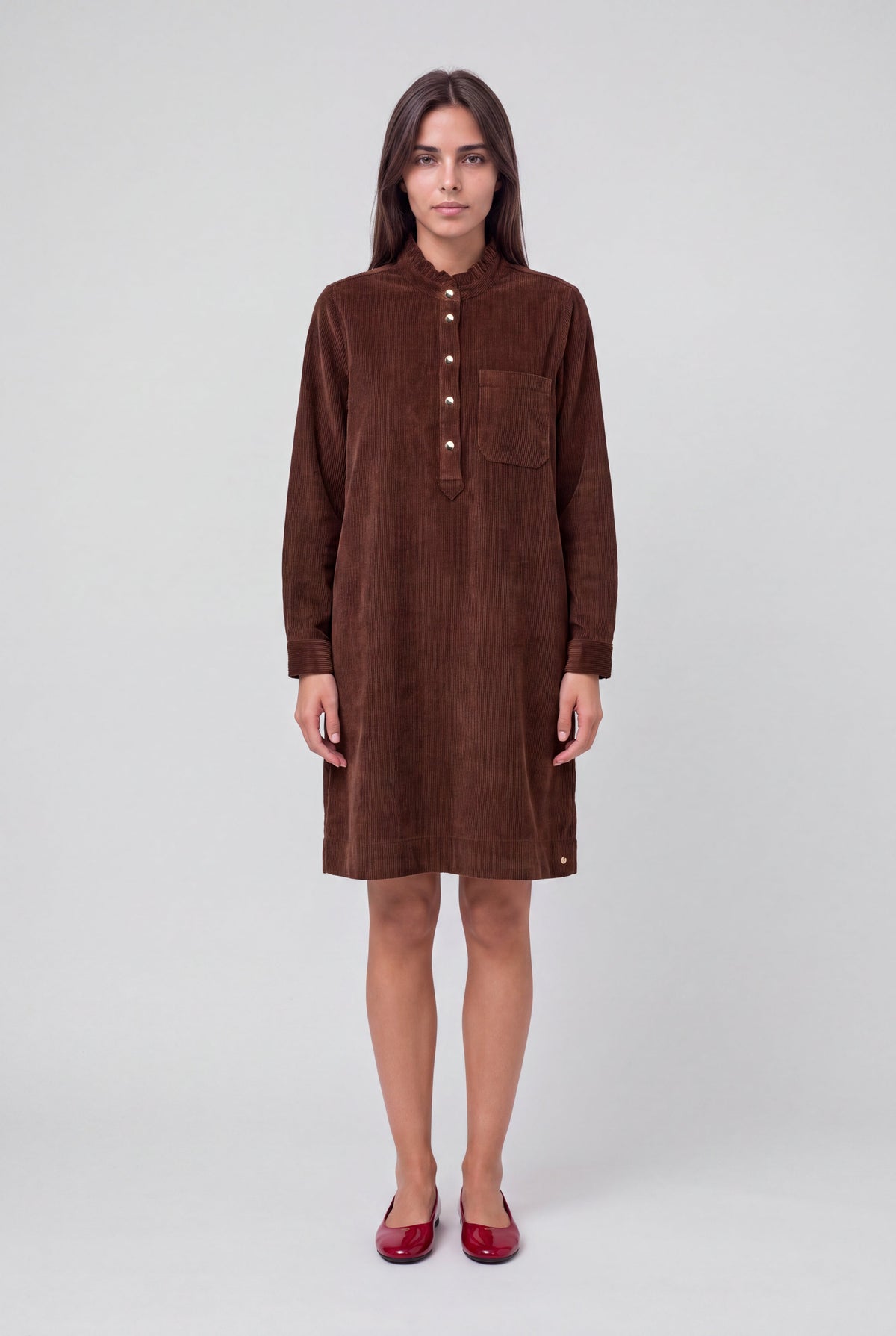 Robe droite velours côtelé R-VICKA ML CHOCOLAT - 1