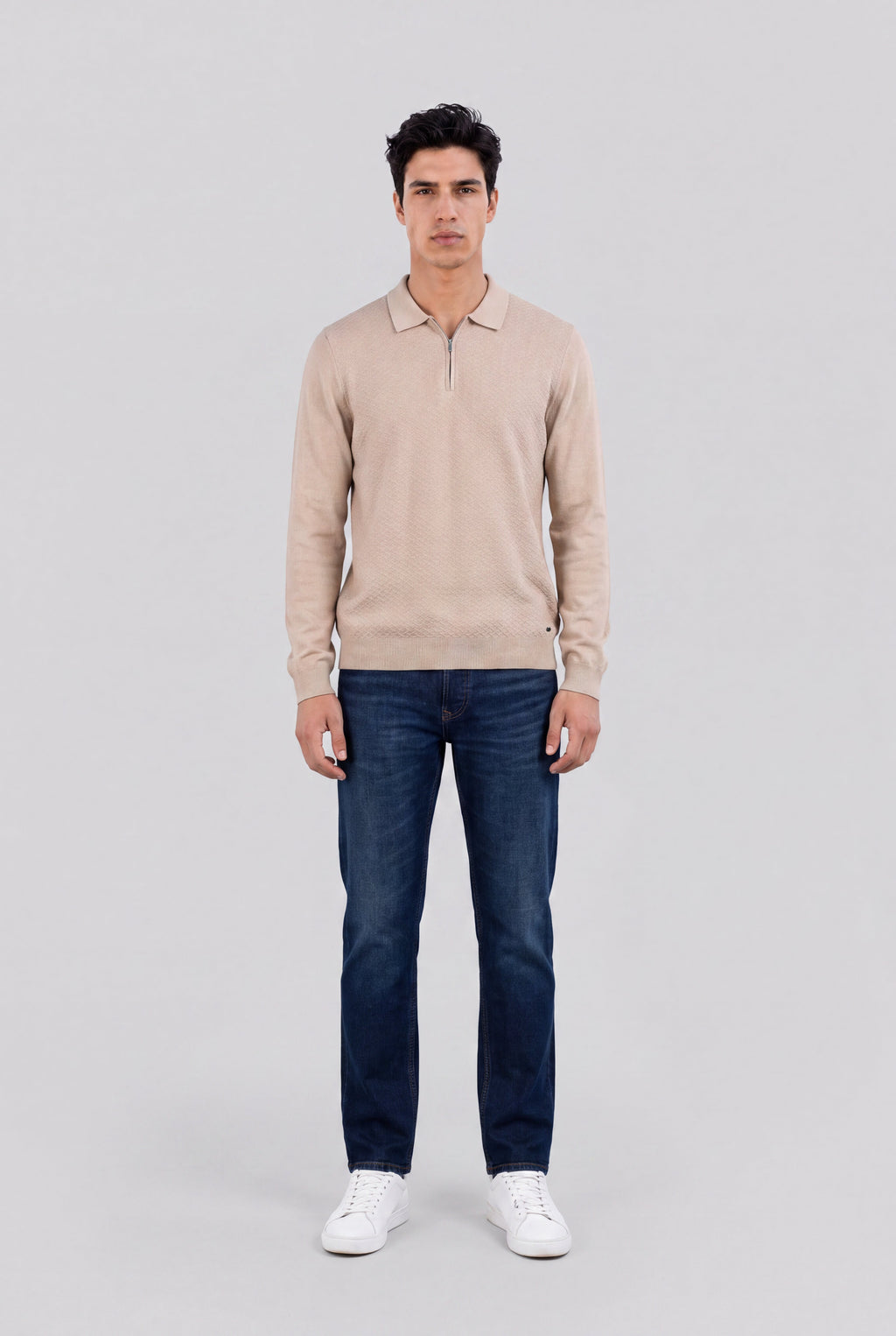 Polo jacquard col zippé P-LYNN ML BEIGE LIN - 1