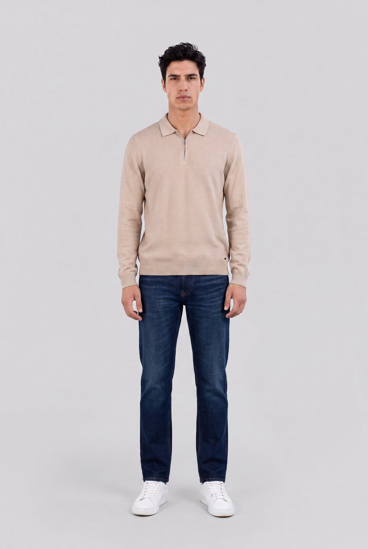 Polo jacquard col zippé P-LYNN ML BEIGE LIN - 1